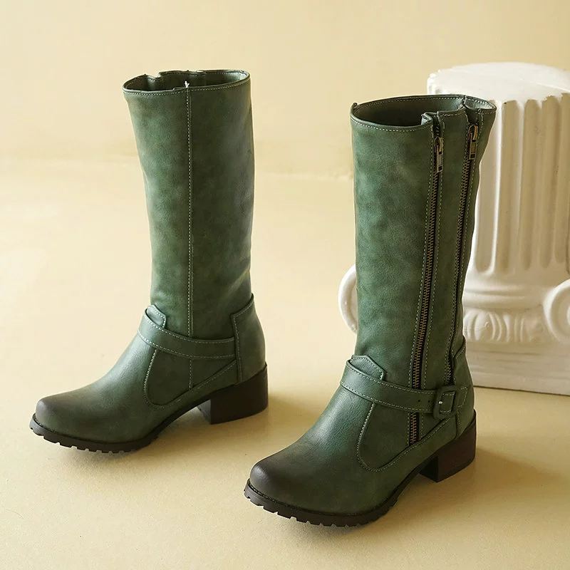 Ladies High Boots – Round Toe – Low Heel – Zipper and Ankle Strap – Leather Look - Image 4