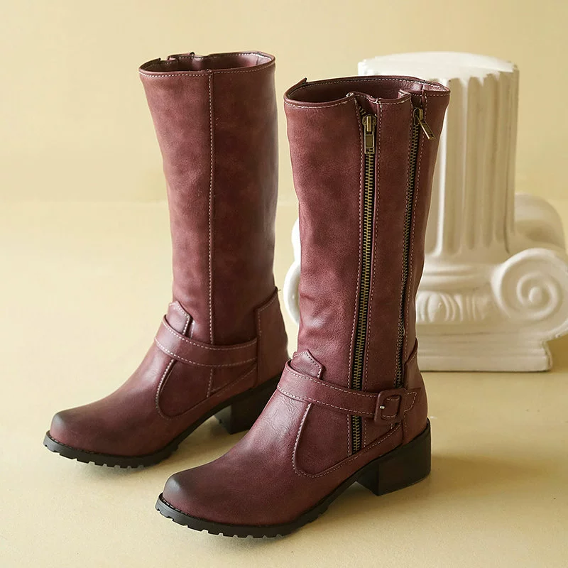 Ladies High Boots – Round Toe – Low Heel – Zipper and Ankle Strap – Leather Look - Image 6