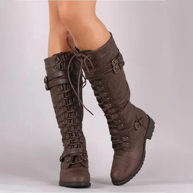 Women's High Lace-Up Boots – Structured Model – Buckles – Leather-Look - Image 2