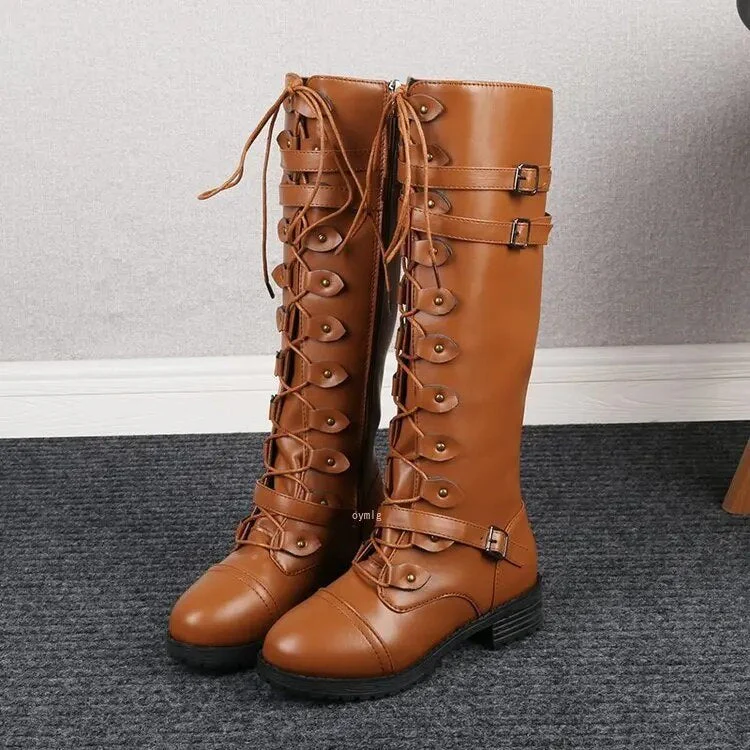 Women's High Lace-Up Boots – Structured Model – Buckles – Leather-Look - Image 3