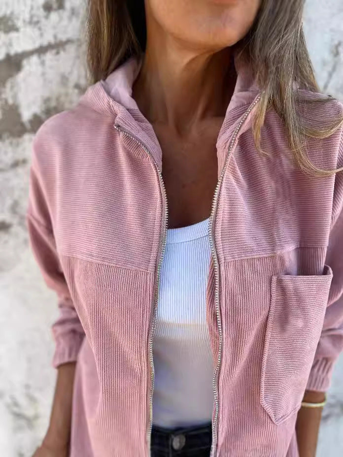 Women's Hooded Jacket – Corduroy – Relaxed Fit – Zip Closure – Casual Low Model - Image 2