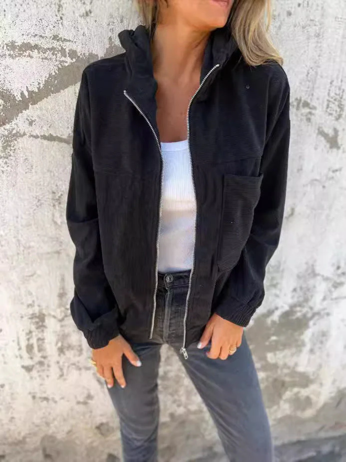 Women's Hooded Jacket – Corduroy – Relaxed Fit – Zip Closure – Casual Low Model - Image 3