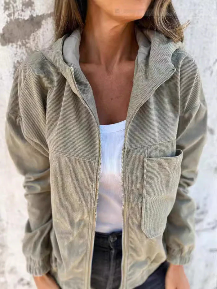 Women's Hooded Jacket – Corduroy – Relaxed Fit – Zip Closure – Casual Low Model - Image 4