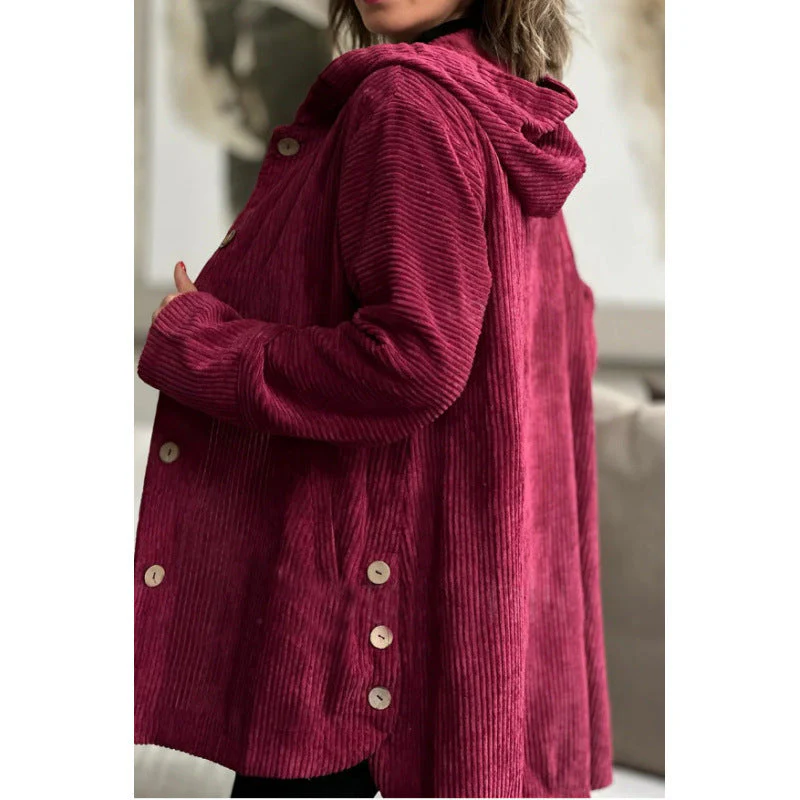 Ladies Hooded Jacket – Corduroy – Relaxed Fit – Mid-length – Casual Button Closure - Image 2