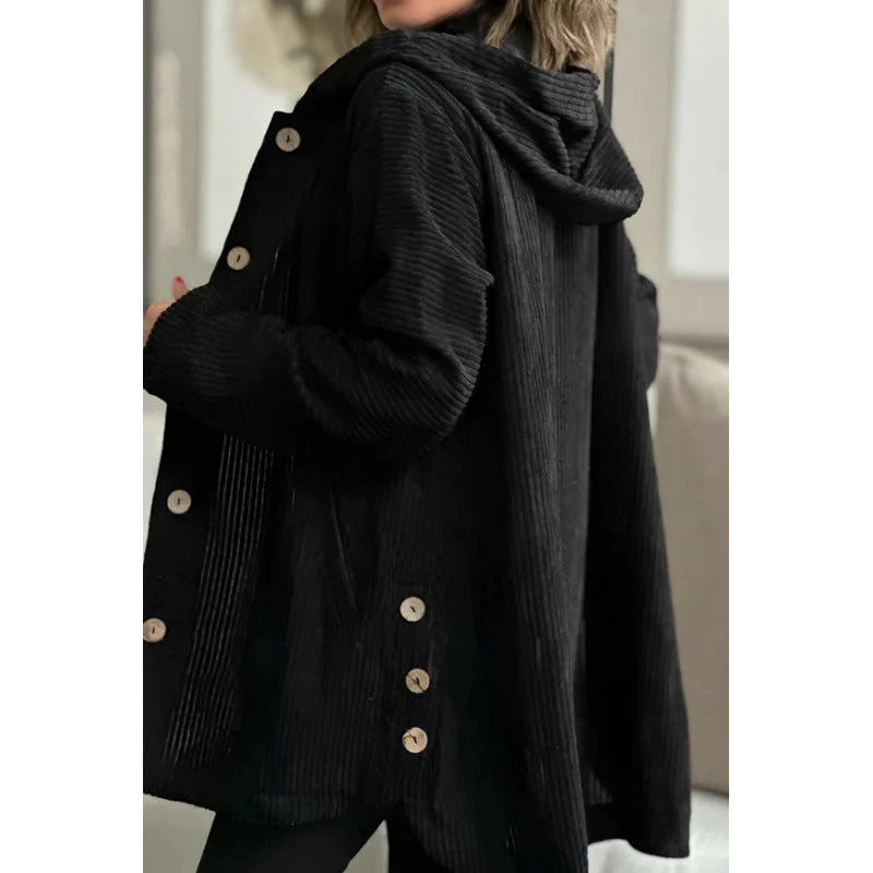 Ladies Hooded Jacket – Corduroy – Relaxed Fit – Mid-length – Casual Button Closure - Image 3