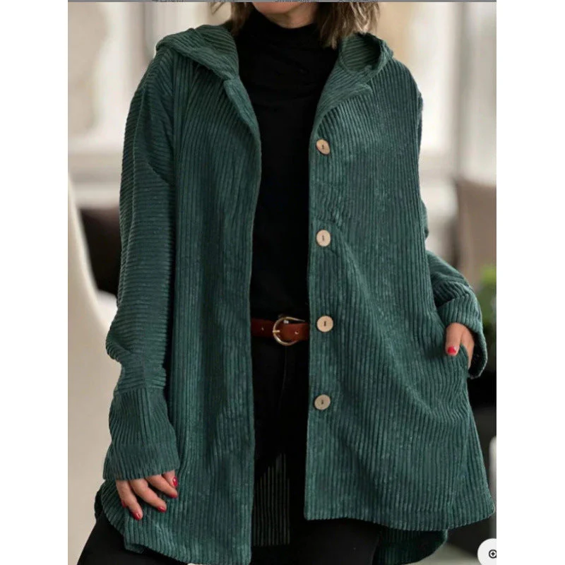 Ladies Hooded Jacket – Corduroy – Relaxed Fit – Mid-length – Casual Button Closure - Image 4