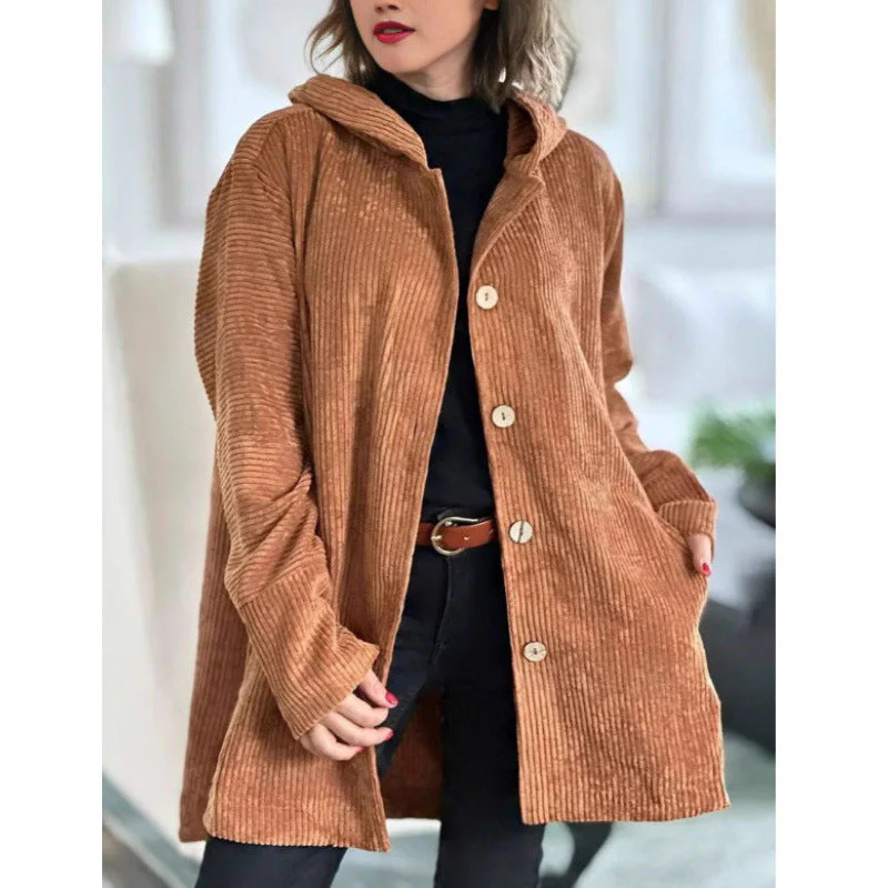 Ladies Hooded Jacket – Corduroy – Relaxed Fit – Mid-length – Casual Button Closure - Image 5