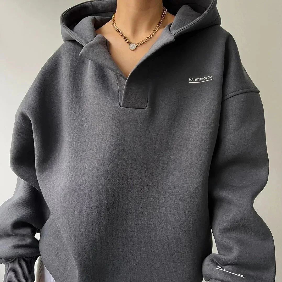 Women's Hoodie – Oversized Fit – V-neck – Cotton Blend – Ribbed Trims – Casual - Image 3