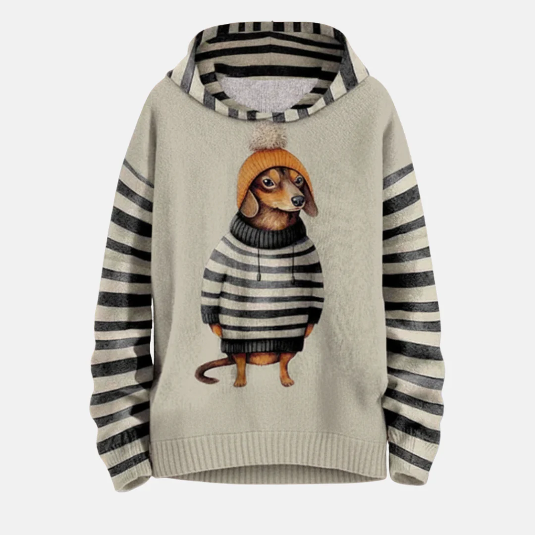 Women's Hoodie – Relaxed Fit – Fleece Feel – Cartoon Dog Print – Striped Sleeves - Image 2
