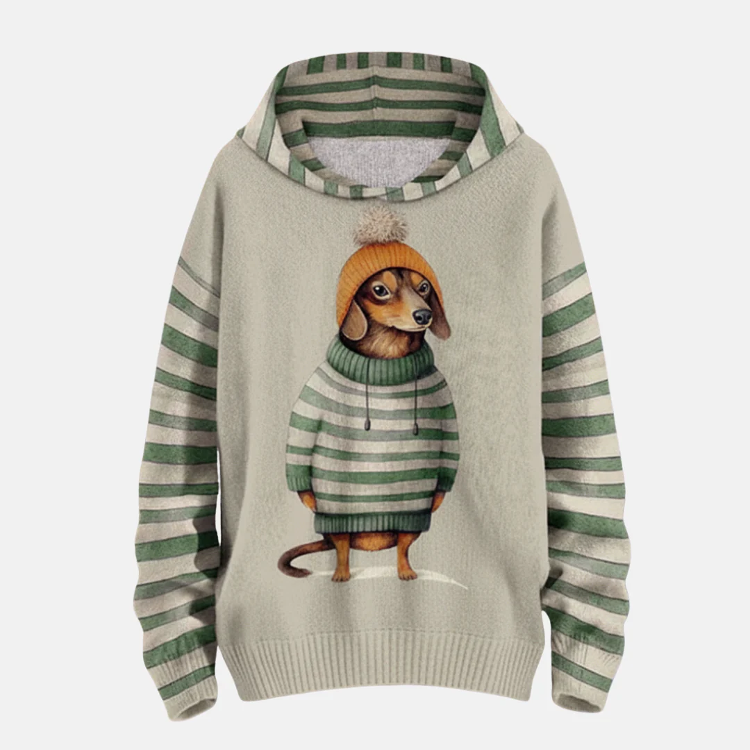 Women's Hoodie – Relaxed Fit – Fleece Feel – Cartoon Dog Print – Striped Sleeves - Image 3