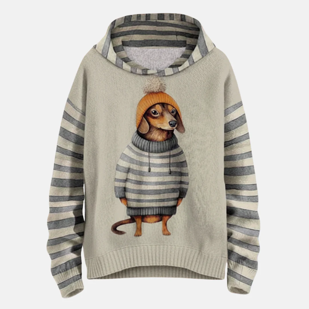 Women's Hoodie – Relaxed Fit – Fleece Feel – Cartoon Dog Print – Striped Sleeves - Image 4