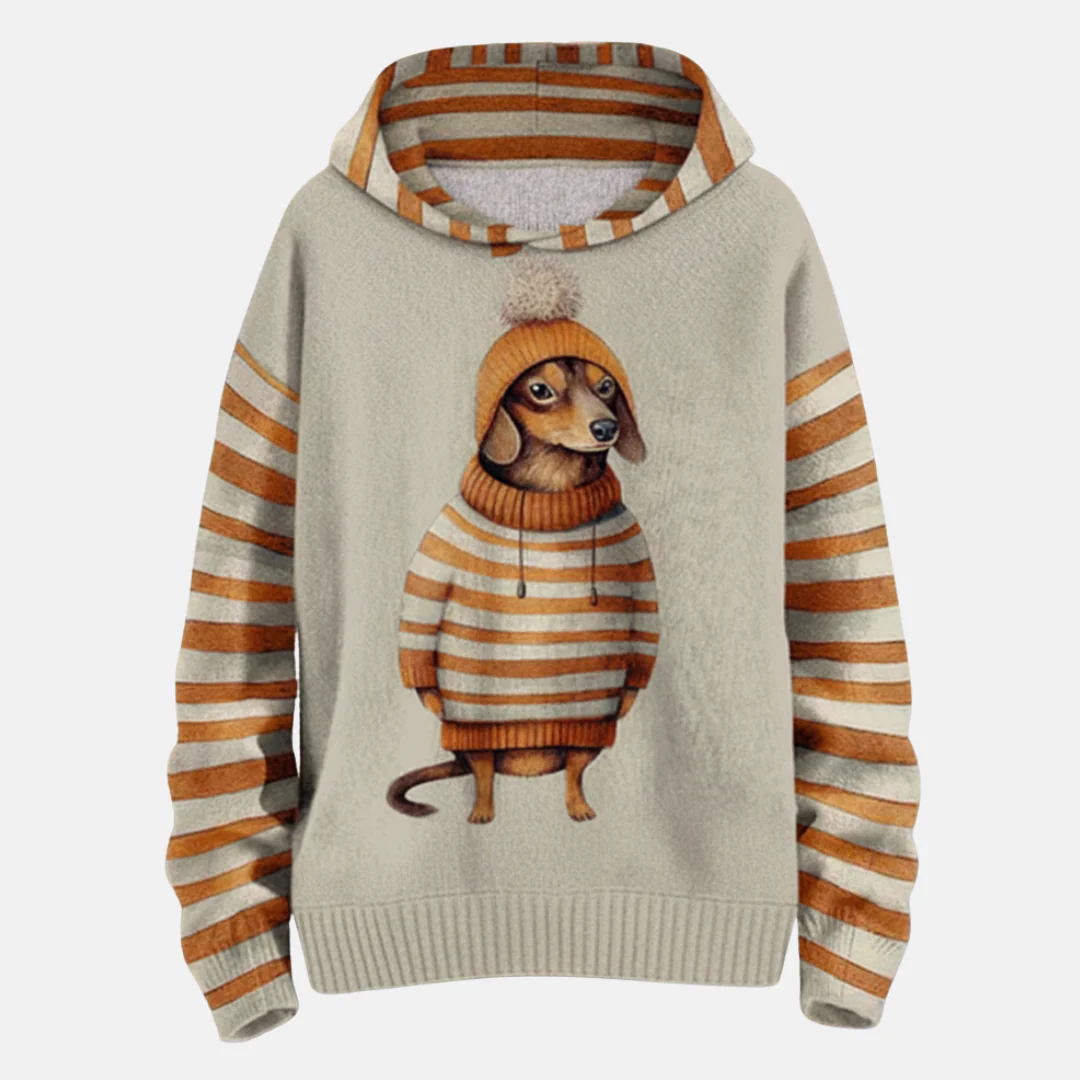 Women's Hoodie – Relaxed Fit – Fleece Feel – Cartoon Dog Print – Striped Sleeves - Image 5
