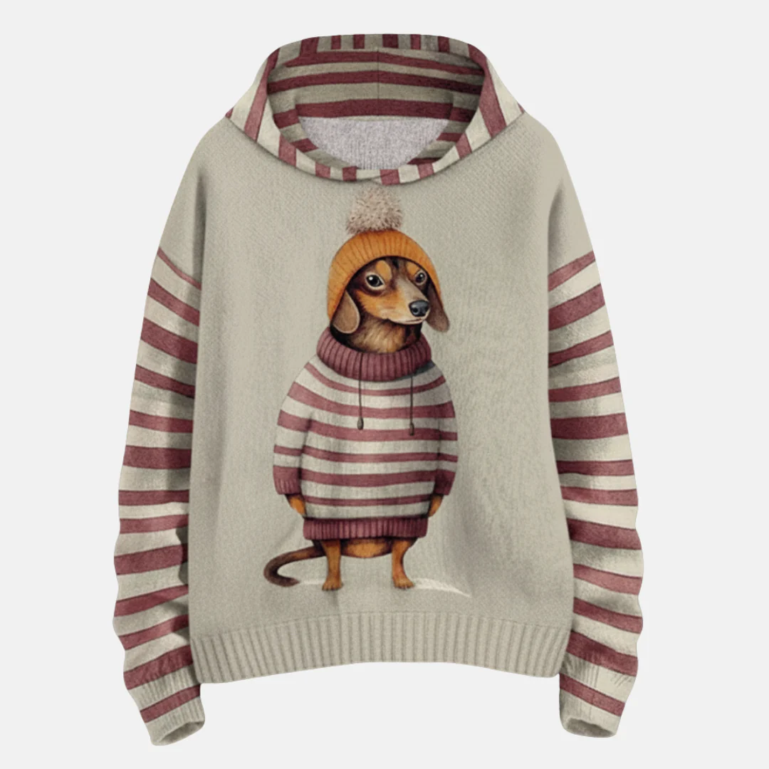 Women's Hoodie – Relaxed Fit – Fleece Feel – Cartoon Dog Print – Striped Sleeves - Image 6