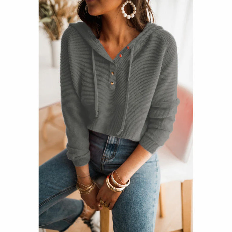 Women's Hoodie – Relaxed Fit – Knitted Texture – Raglan Sleeve – Button Detail – Hood With Drawstring - Image 2