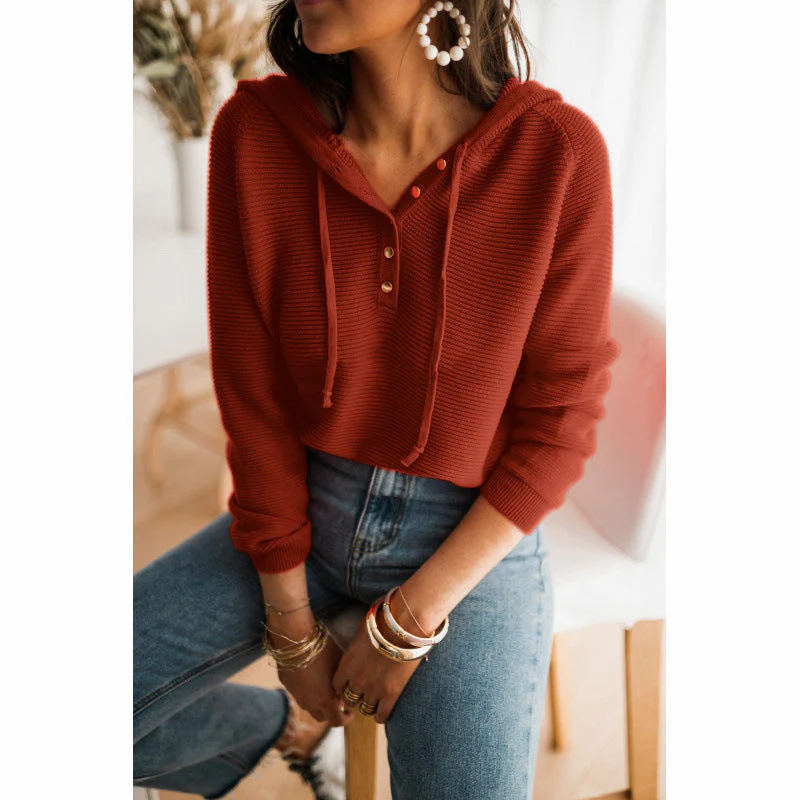 Women's Hoodie – Relaxed Fit – Knitted Texture – Raglan Sleeve – Button Detail – Hood With Drawstring - Image 5