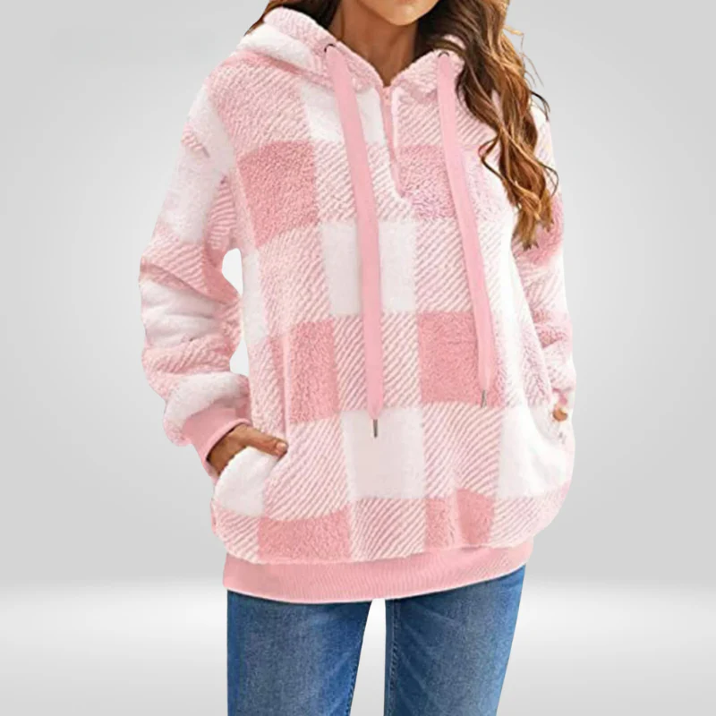 Women's Hoodie Sweater – Soft Knitted Fabric – Relaxed Fit – Half Zipper – Diamond Pattern - Image 3