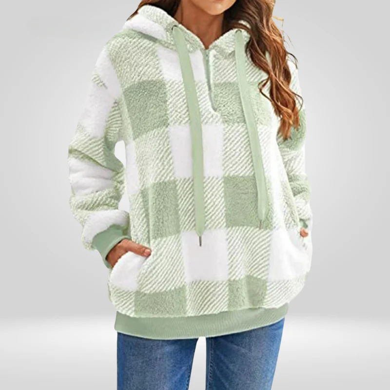 Women's Hoodie Sweater – Soft Knitted Fabric – Relaxed Fit – Half Zipper – Diamond Pattern - Image 4