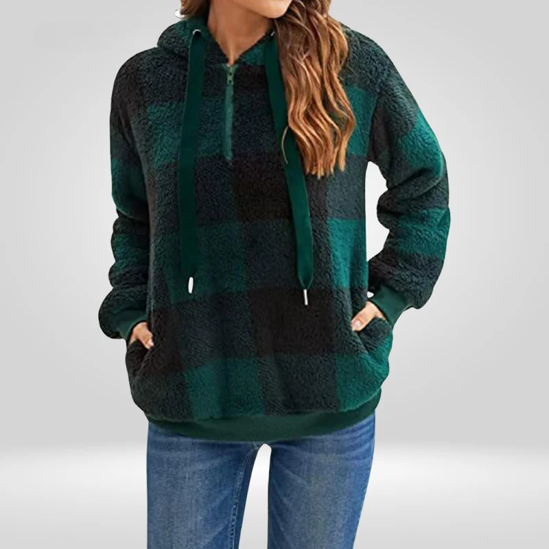 Women's Hoodie Sweater – Soft Knitted Fabric – Relaxed Fit – Half Zipper – Diamond Pattern - Image 5