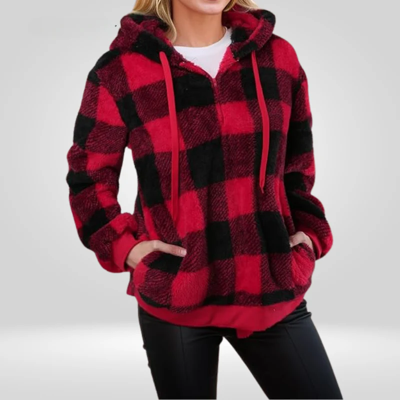 Women's Hoodie Sweater – Soft Knitted Fabric – Relaxed Fit – Half Zipper – Diamond Pattern - Image 6