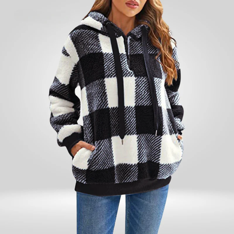 Women's Hoodie Sweater – Soft Knitted Fabric – Relaxed Fit – Half Zipper – Diamond Pattern - Image 7