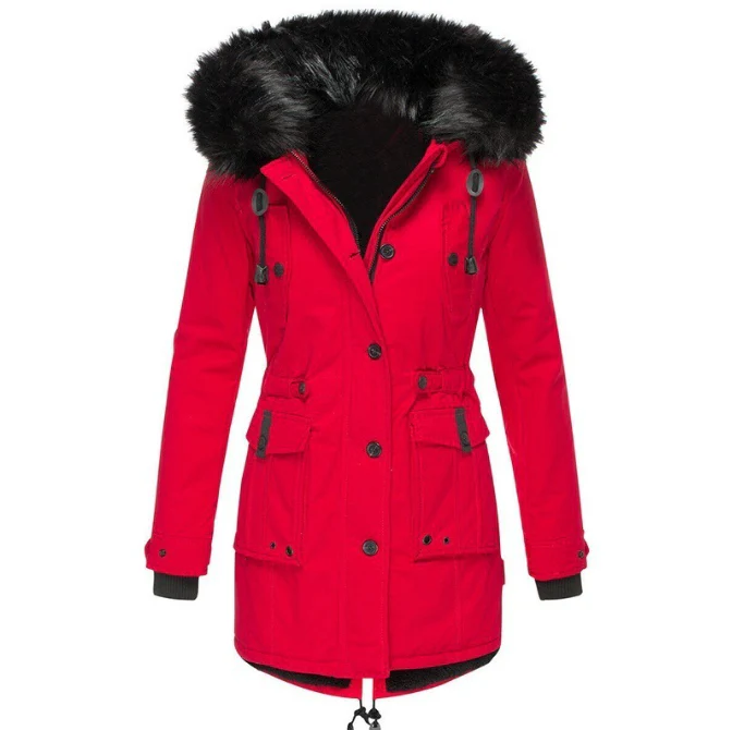 Ladies Coat – Tailored Fit – Faux Fur Hood – Drawstring Waist – Mid-length - Image 3