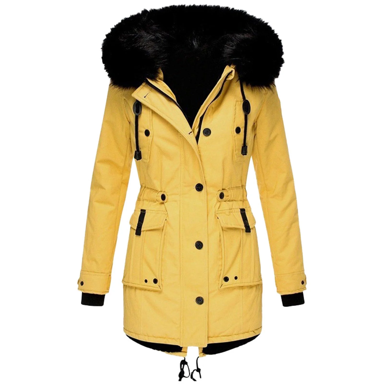 Ladies Coat – Tailored Fit – Faux Fur Hood – Drawstring Waist – Mid-length - Image 4