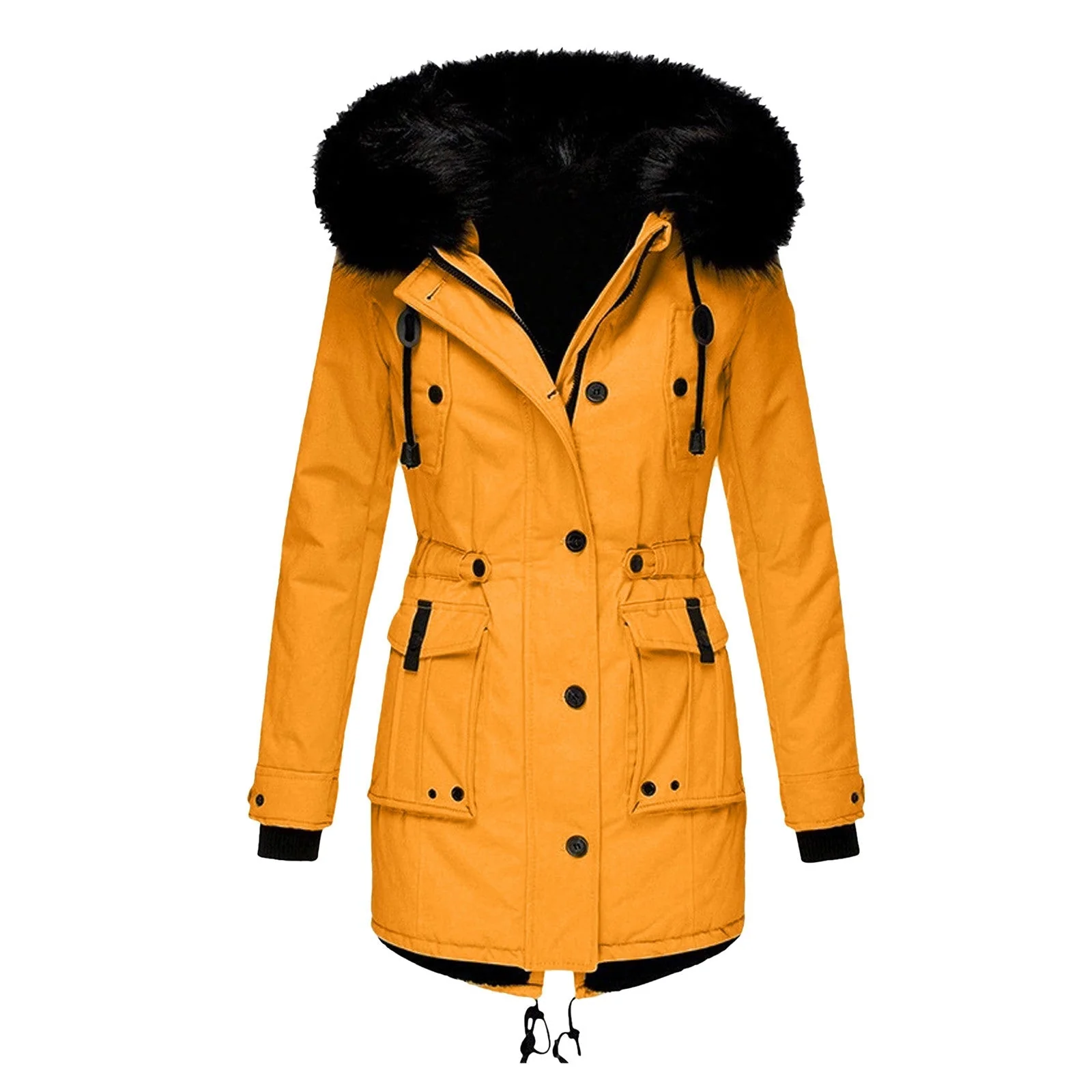Ladies Coat – Tailored Fit – Faux Fur Hood – Drawstring Waist – Mid-length - Image 5