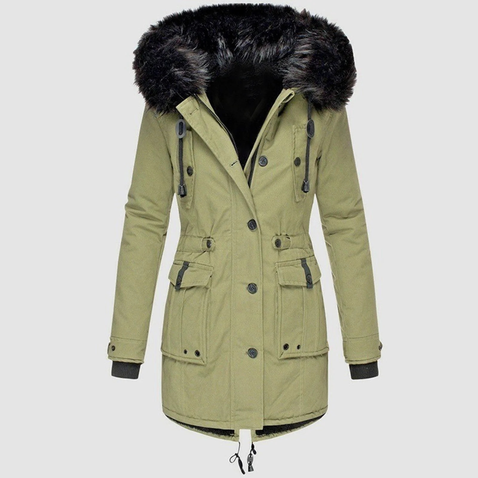 Ladies Coat – Tailored Fit – Faux Fur Hood – Drawstring Waist – Mid-length - Image 6