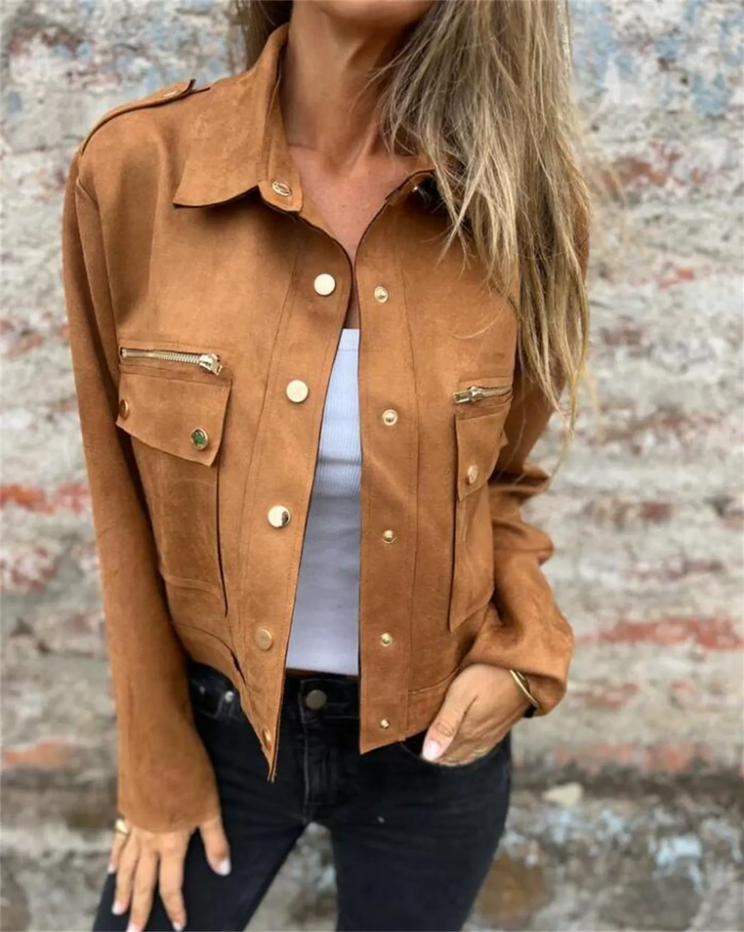 Women's Coat – Tailored Fit – Suede Look – Notched Collar – Zip and Buttons - Image 2