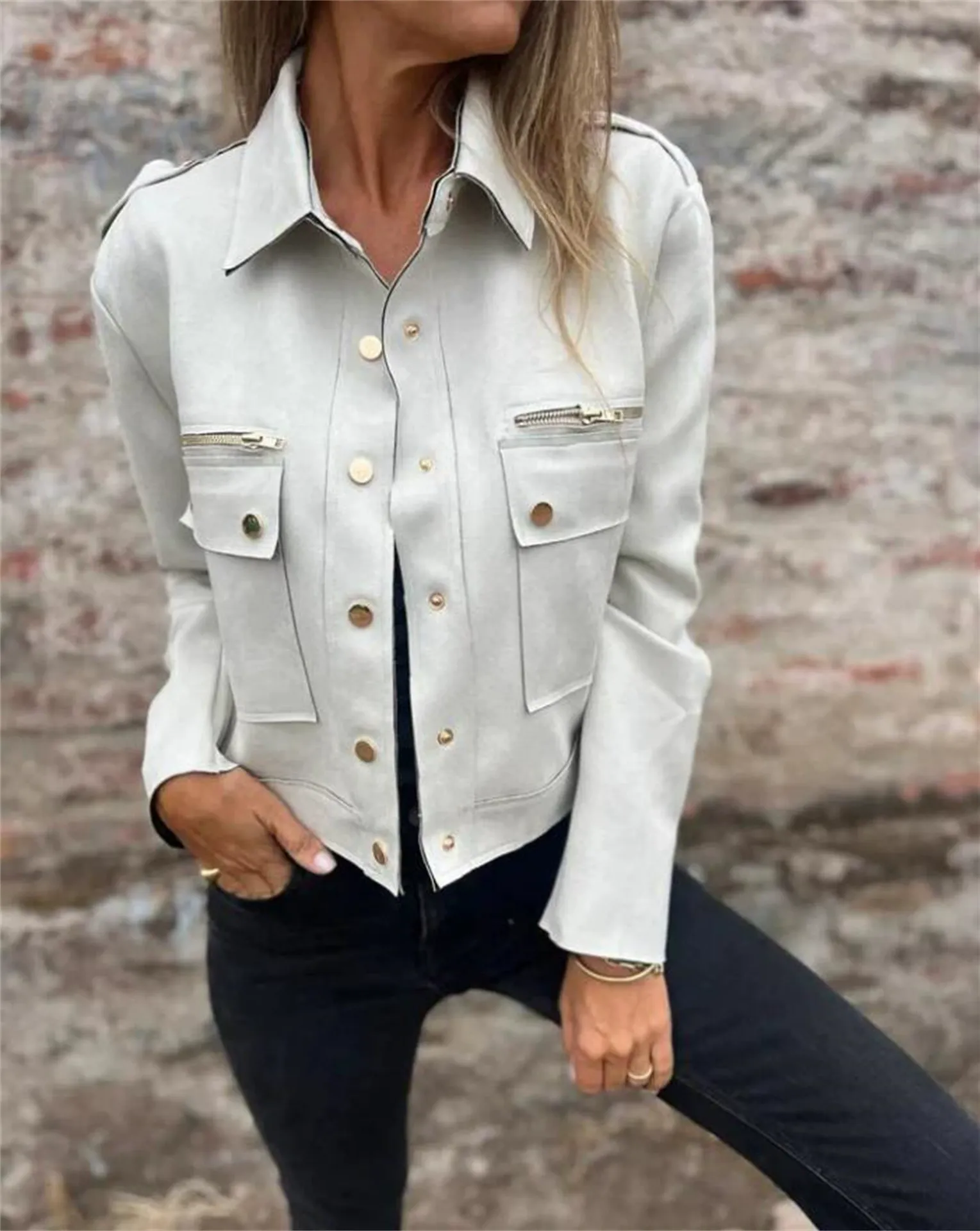 Women's Coat – Tailored Fit – Suede Look – Notched Collar – Zip and Buttons - Image 3