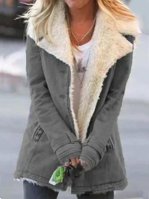 Women's Coat – Fitted Model – Soft Fabric – Faux Shearling – Button Closure - Image 3
