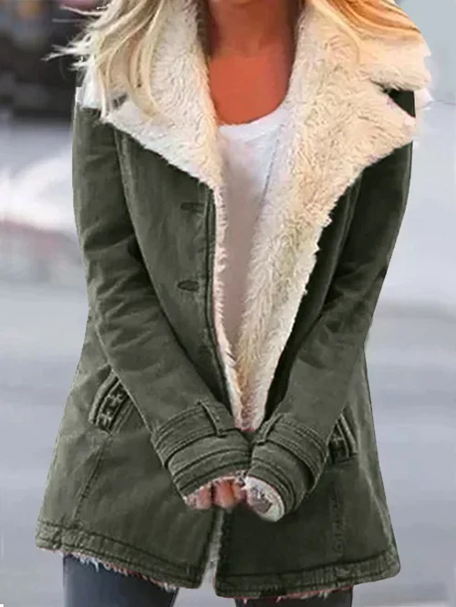 Women's Coat – Fitted Model – Soft Fabric – Faux Shearling – Button Closure - Image 4