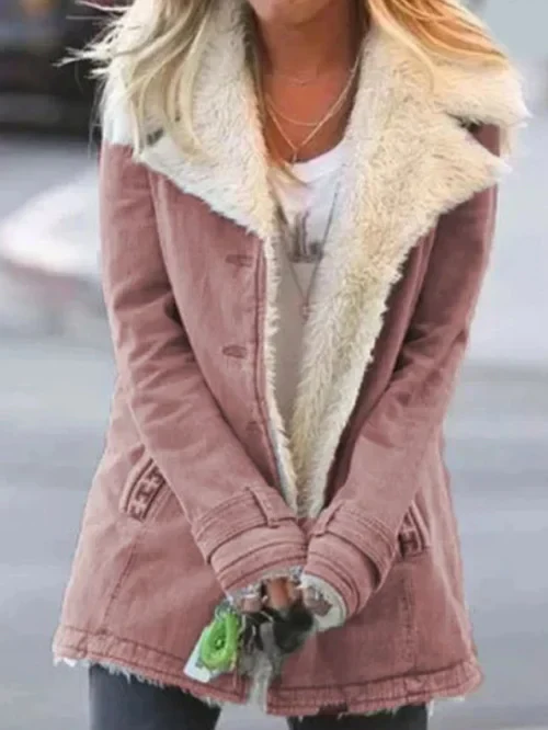 Women's Coat – Fitted Model – Soft Fabric – Faux Shearling – Button Closure - Image 5