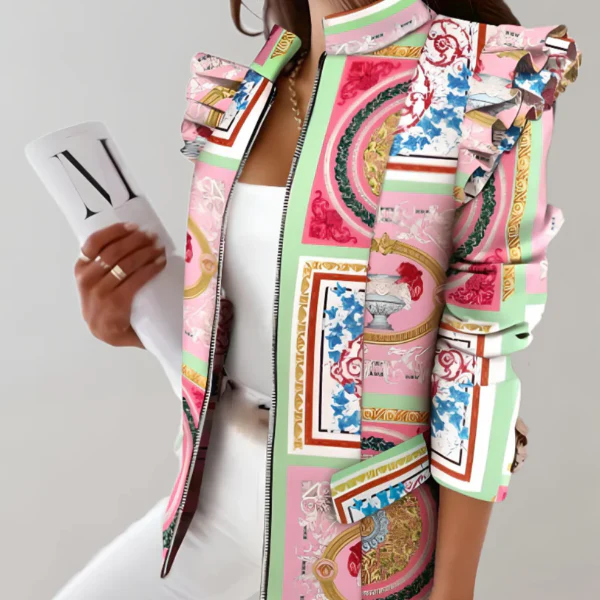Women's Jacket – Tailored Fit – Checked Pattern – Ruffled Shoulder – Stand-up Collar - Image 3