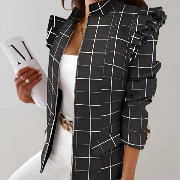 Women's Jacket – Tailored Fit – Checked Pattern – Ruffled Shoulder – Stand-up Collar - Image 4