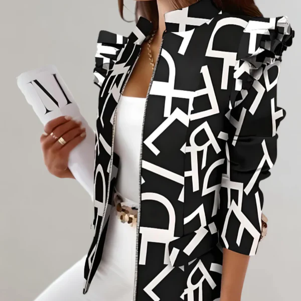 Women's Jacket – Tailored Fit – Checked Pattern – Ruffled Shoulder – Stand-up Collar - Image 5