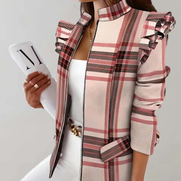 Women's Jacket – Tailored Fit – Checked Pattern – Ruffled Shoulder – Stand-up Collar - Image 7