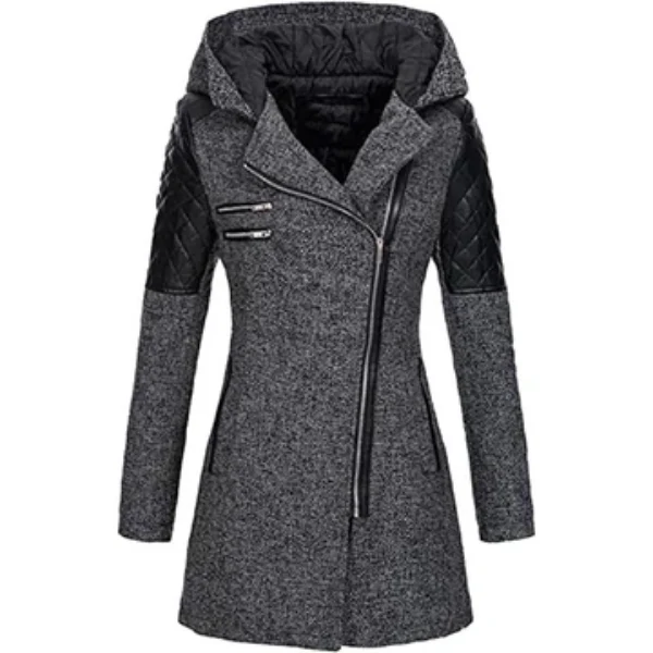 Women's Coat – Tailored Fit – Tweed Look – Padded Sleeves – Asymmetrical Zipper – With Hood – Pockets With Zippers - Image 2