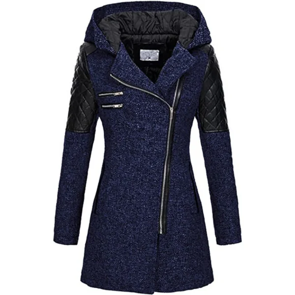 Women's Coat – Tailored Fit – Tweed Look – Padded Sleeves – Asymmetrical Zipper – With Hood – Pockets With Zippers - Image 3