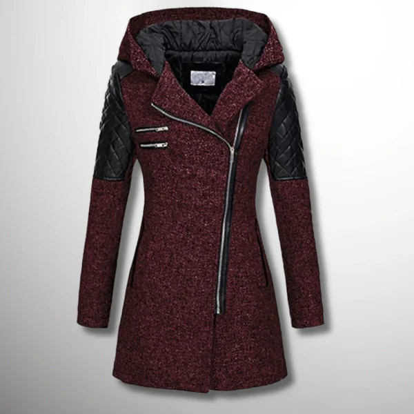 Women's Coat – Tailored Fit – Tweed Look – Padded Sleeves – Asymmetrical Zipper – With Hood – Pockets With Zippers - Image 4
