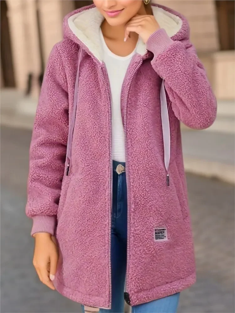 Women's Jacket – Mid-length with Hood – Loose Fit – Soft Fleece – Zipper - Image 2