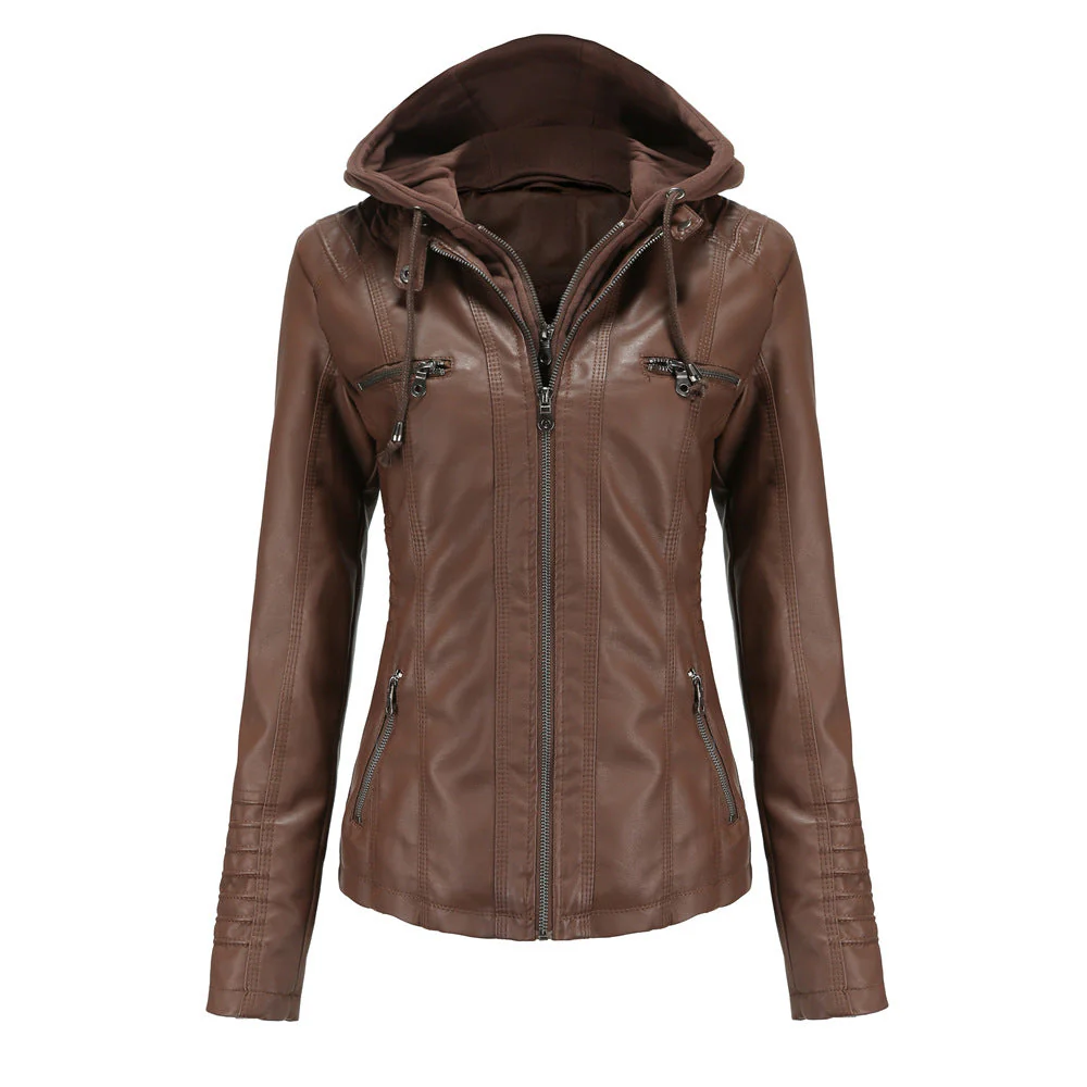 Women's Jacket with Hood – Slim Fit – Faux Leather – Detachable Hood – Zip Pockets - Image 2
