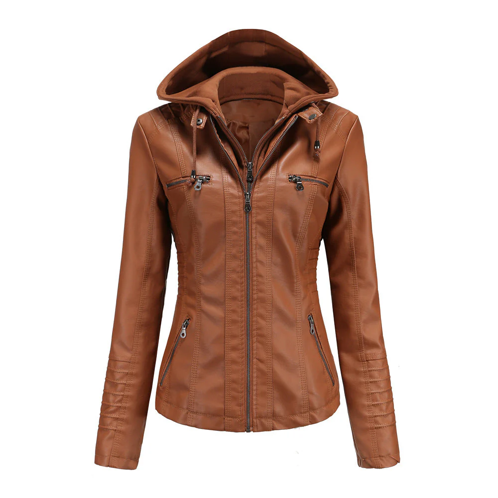 Women's Jacket with Hood – Slim Fit – Faux Leather – Detachable Hood – Zip Pockets - Image 3