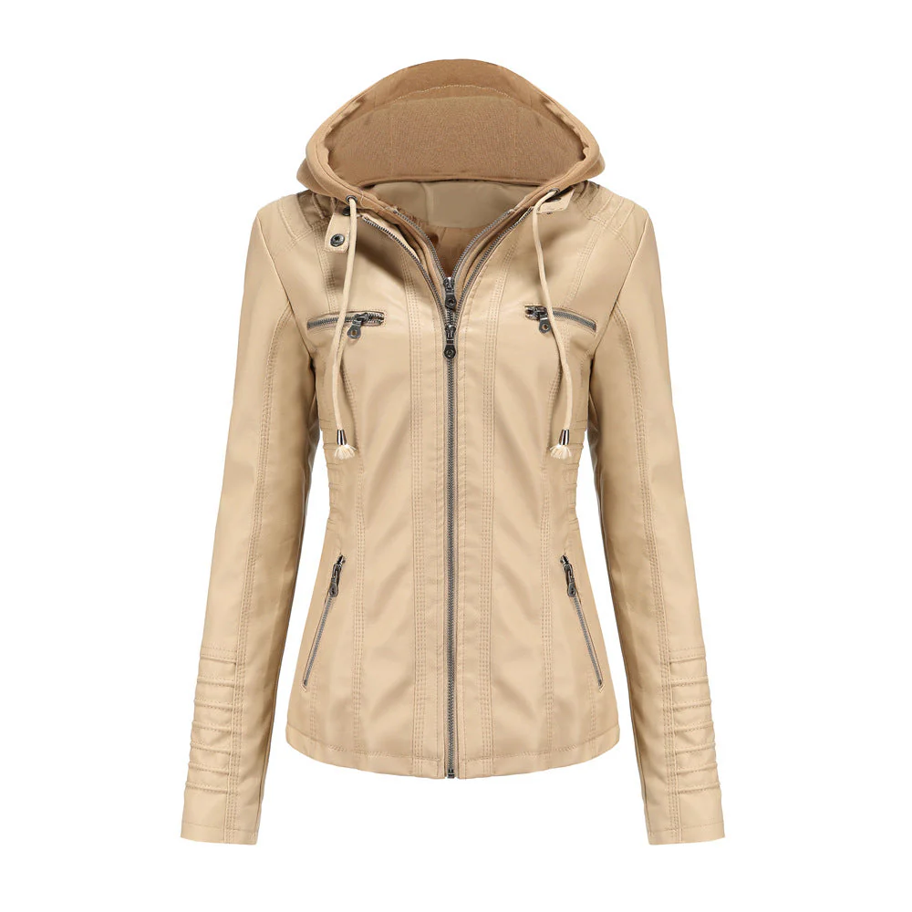 Women's Jacket with Hood – Slim Fit – Faux Leather – Detachable Hood – Zip Pockets - Image 4