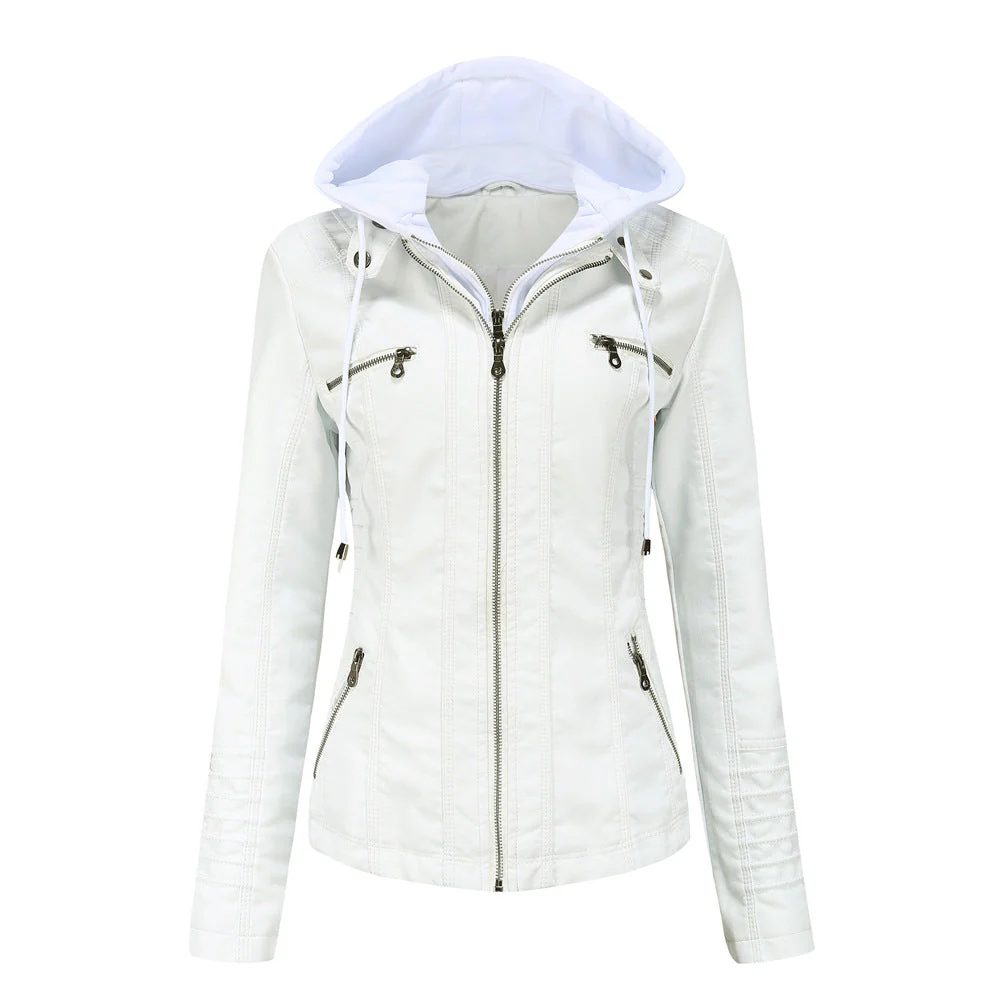 Women's Jacket with Hood – Slim Fit – Faux Leather – Detachable Hood – Zip Pockets - Image 5