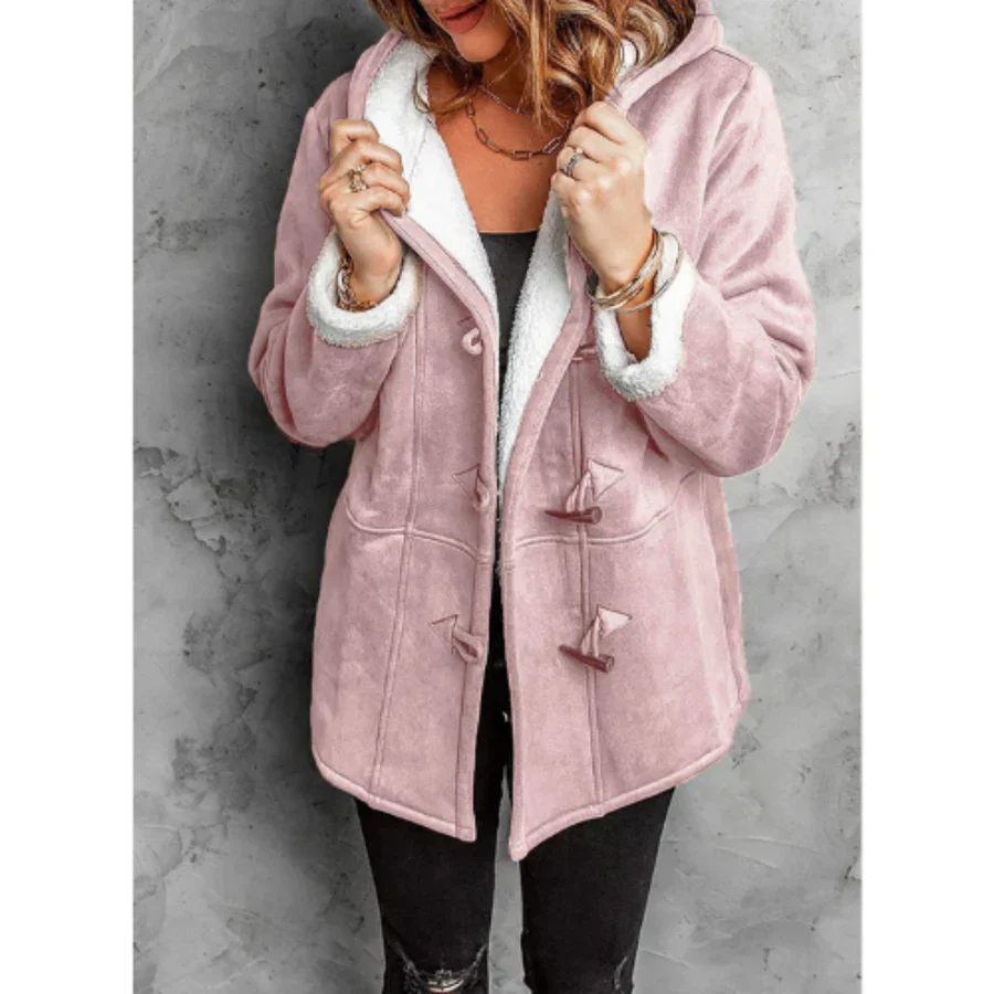 Women's Coat with Hood – Suede Look – Fleece Lining – Relaxed Fit – Mid-Length - Image 3