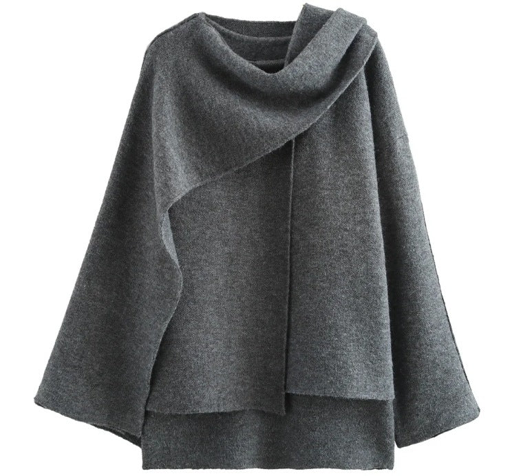 Women's Coat – Oversized Fit – Knitted Texture – Asymmetrical Shawl Collar – Mid-Length - Image 2