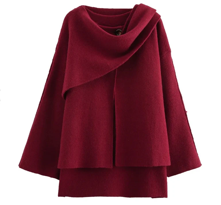 Women's Coat – Oversized Fit – Knitted Texture – Asymmetrical Shawl Collar – Mid-Length - Image 3