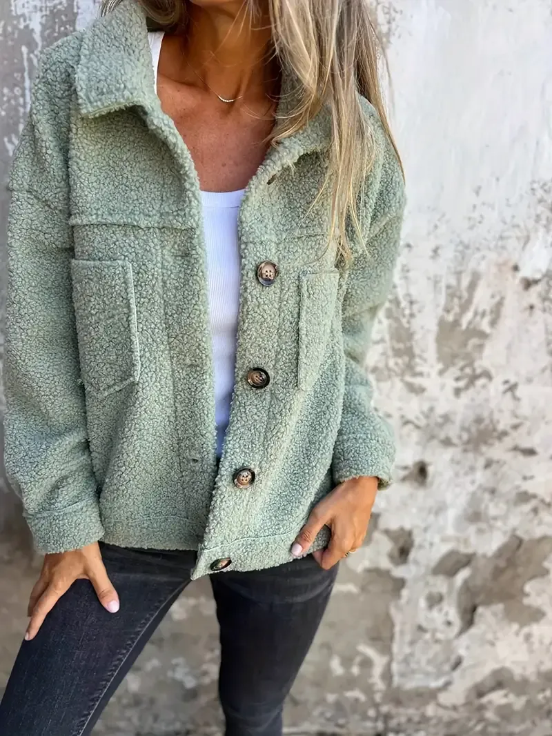 Women's Jacket – Oversized Fit – Plush Fabric – Button Closure – Large Collar – Casual - Image 2