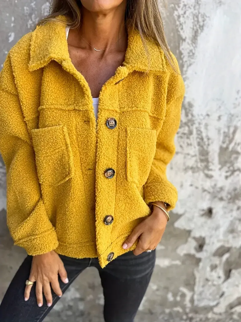 Women's Jacket – Oversized Fit – Plush Fabric – Button Closure – Large Collar – Casual - Image 3